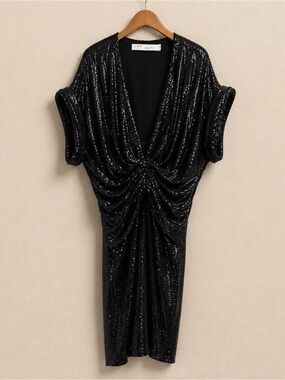 IRO Lilou Sequin Ruched Mini Dress Black Paris WP33LILOU 19W Size 36